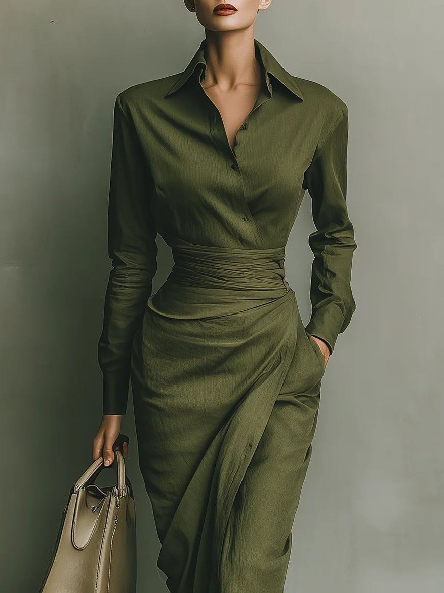 Delia | Vestido Camisero Drapeado Mujer Manga Larga Cintura