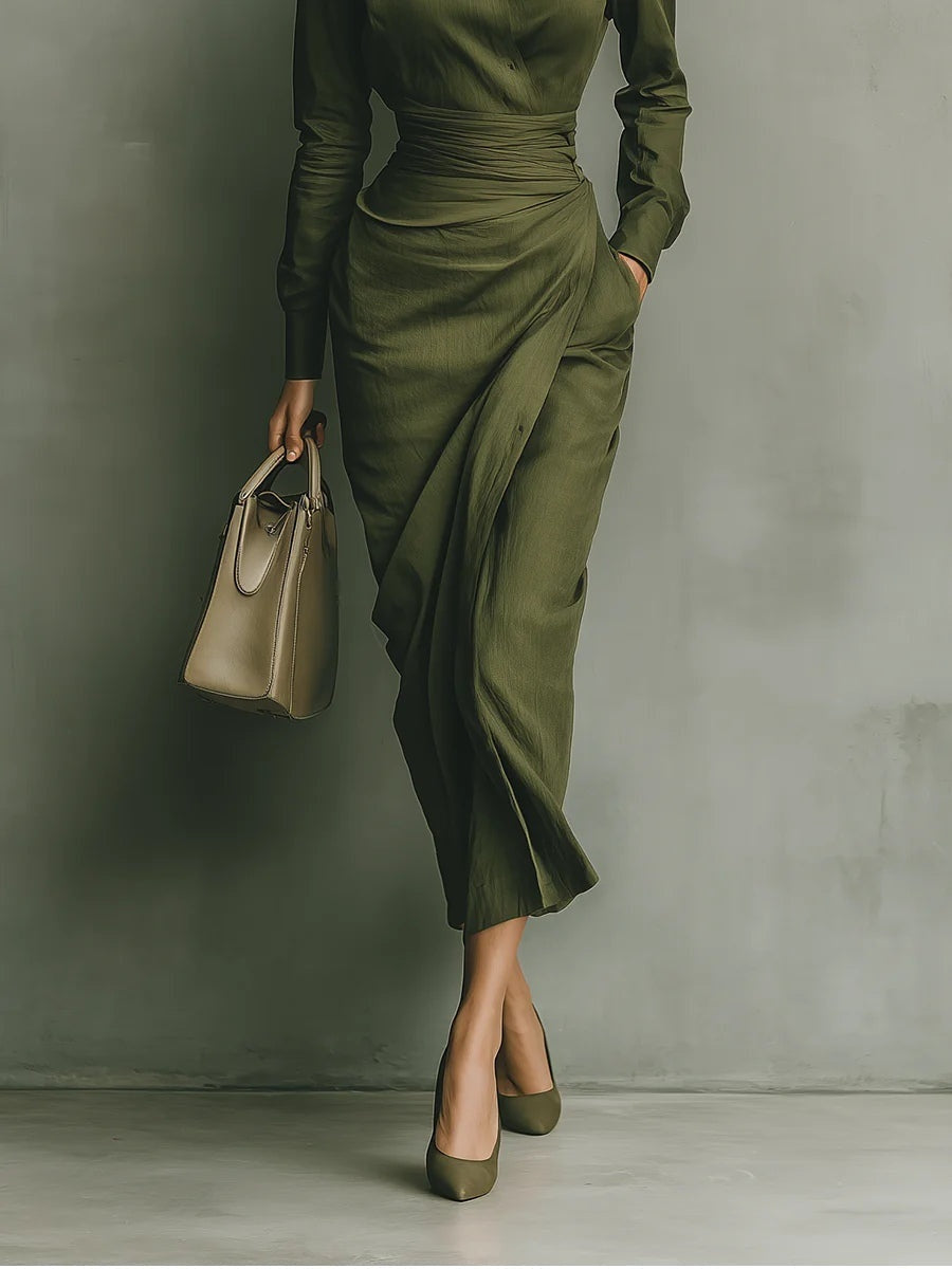 Delia | Vestido Camisero Drapeado Mujer Manga Larga Cintura