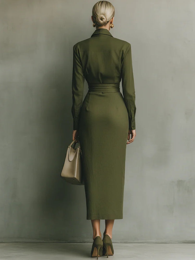 Delia | Vestido Camisero Drapeado Mujer Manga Larga Cintura
