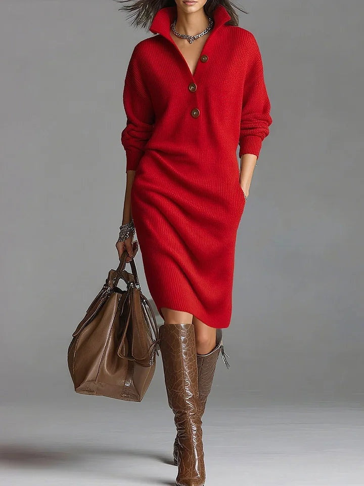 Delia | Vestido de Invierno de Punto Mujer Manga Larga Cuello Botonera
