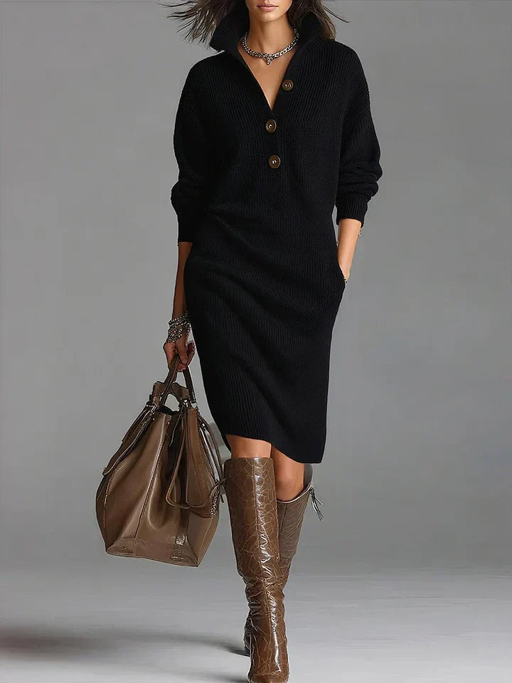 Delia | Vestido de Invierno de Punto Mujer Manga Larga Cuello Botonera