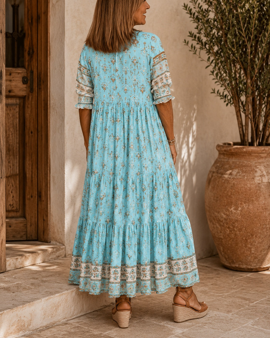 Delia | Vestido Largo Boho Estampado Mujer Escote V Manga Corta