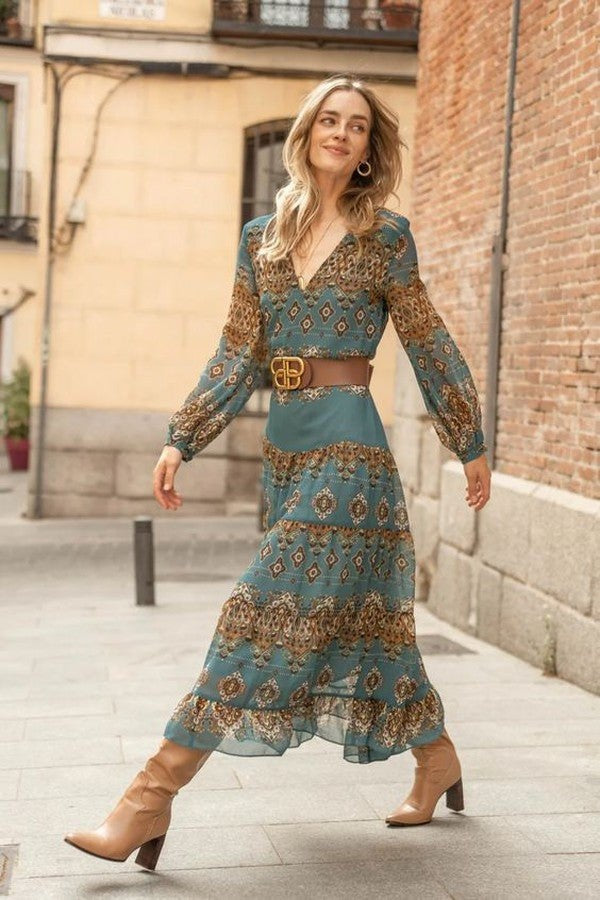 Dolores | Vestido Midi Boho Estampado Medallón Mujer Manga Larga