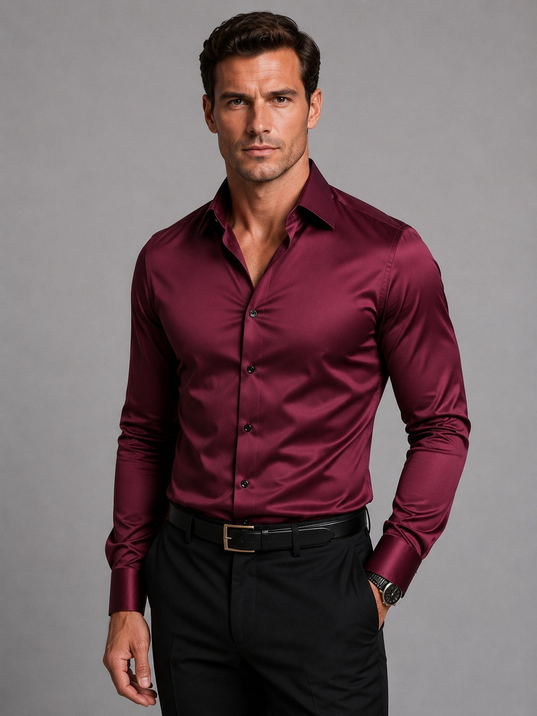 Eduardo | Camisa de Satén Slim Fit Hombre de Manga Larga Elegante