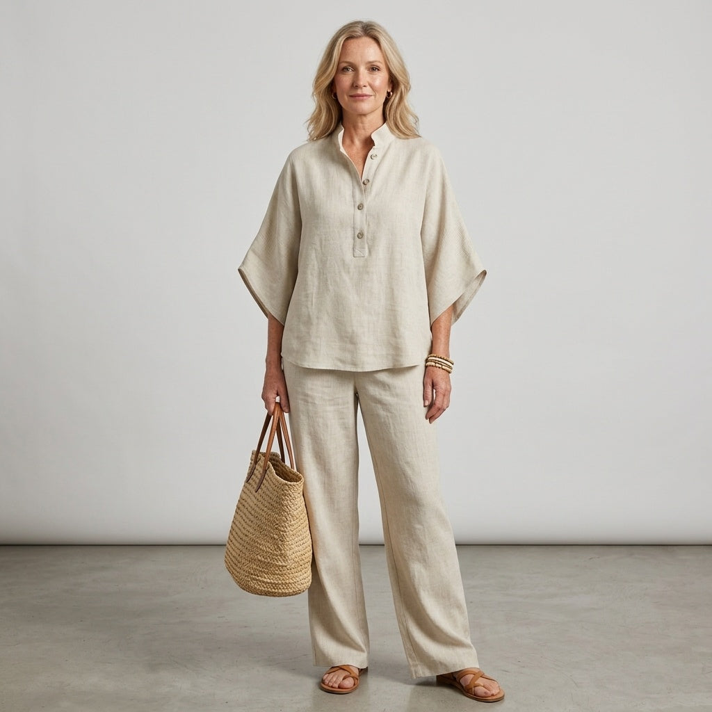 Elena | Conjunto de Lino Mujer Top Kimono Pantalón Pierna Ancha