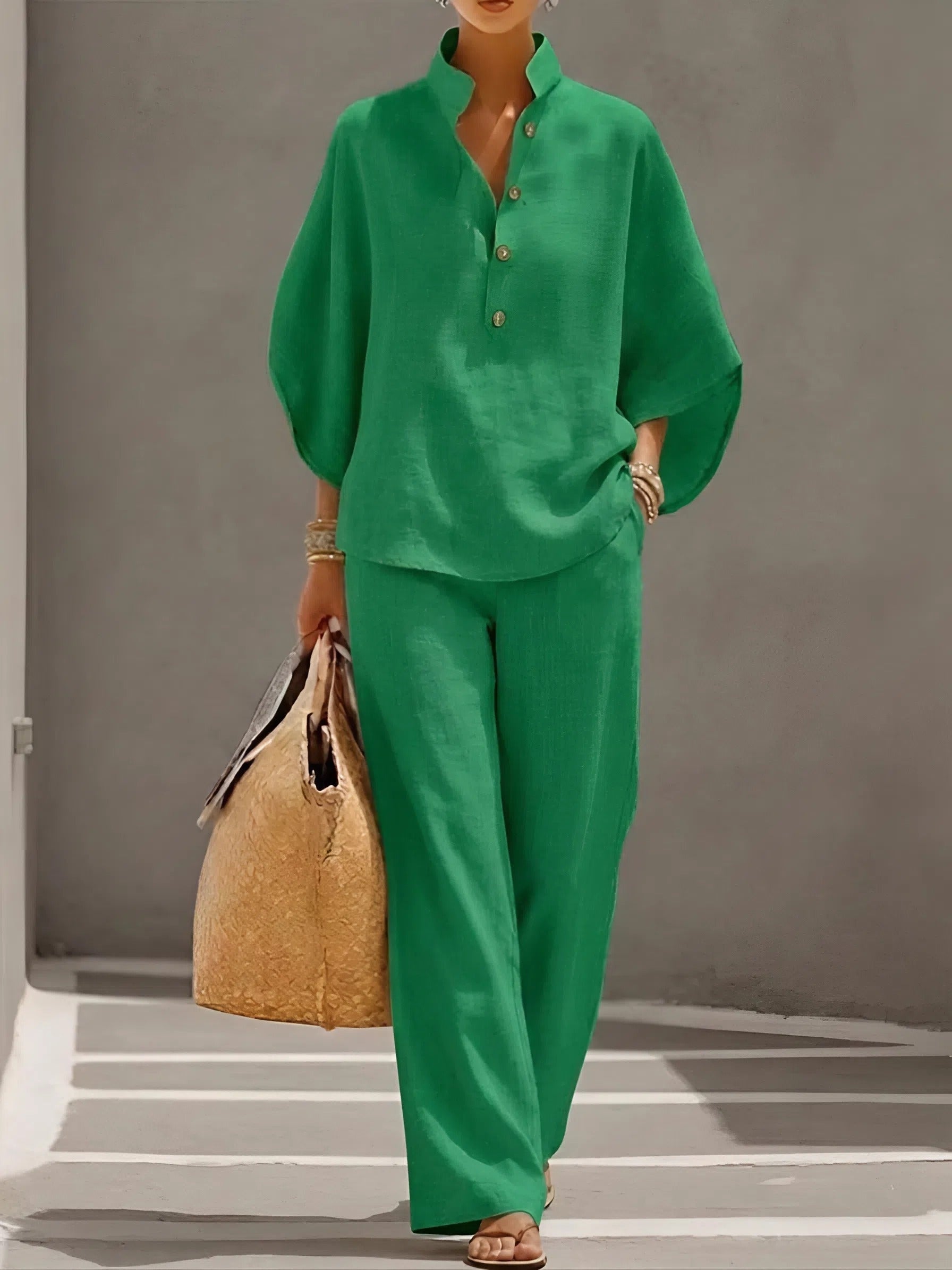 Elena | Conjunto de Lino Mujer Top Kimono Pantalón Pierna Ancha