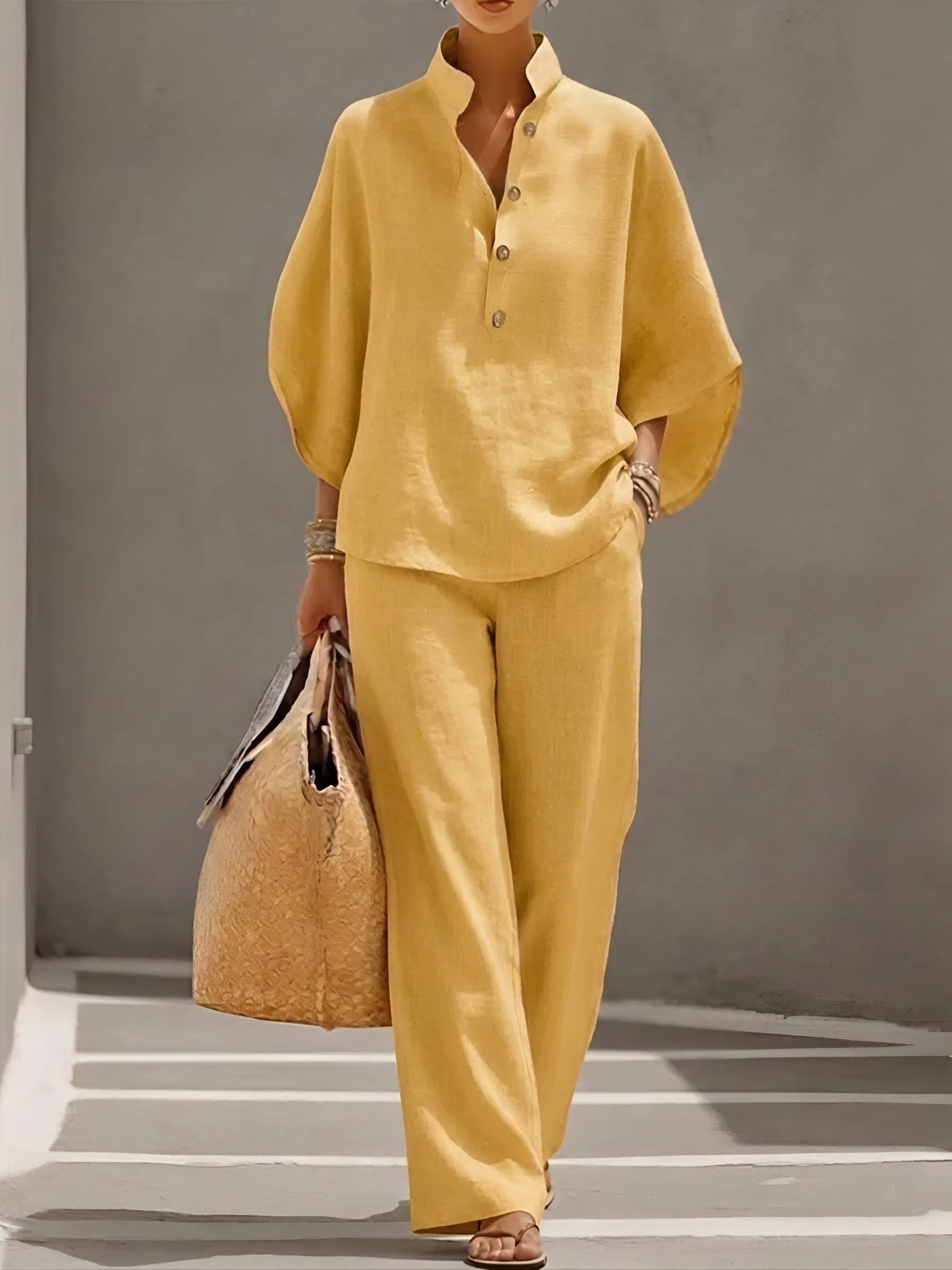 Elena | Conjunto de Lino Mujer Top Kimono Pantalón Pierna Ancha