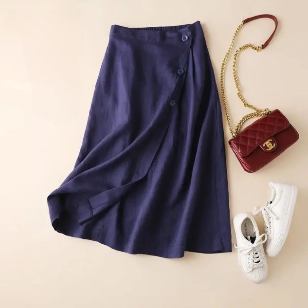 Elena | Falda Midi de Lino Envolvente Mujer Botones