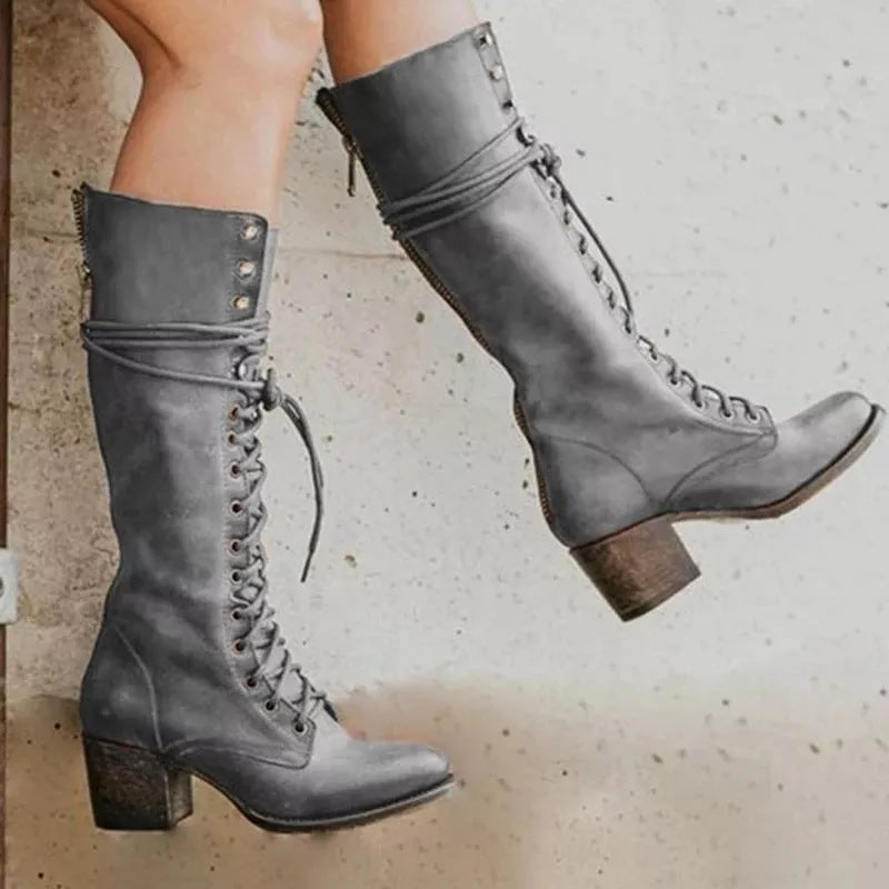 Elvira | Botas de Piel con Cordones Mujer Caña Alta Tacón