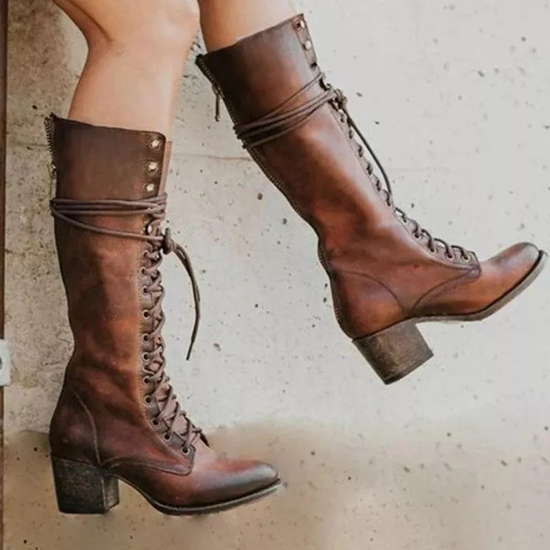 Elvira | Botas de Piel con Cordones Mujer Caña Alta Tacón