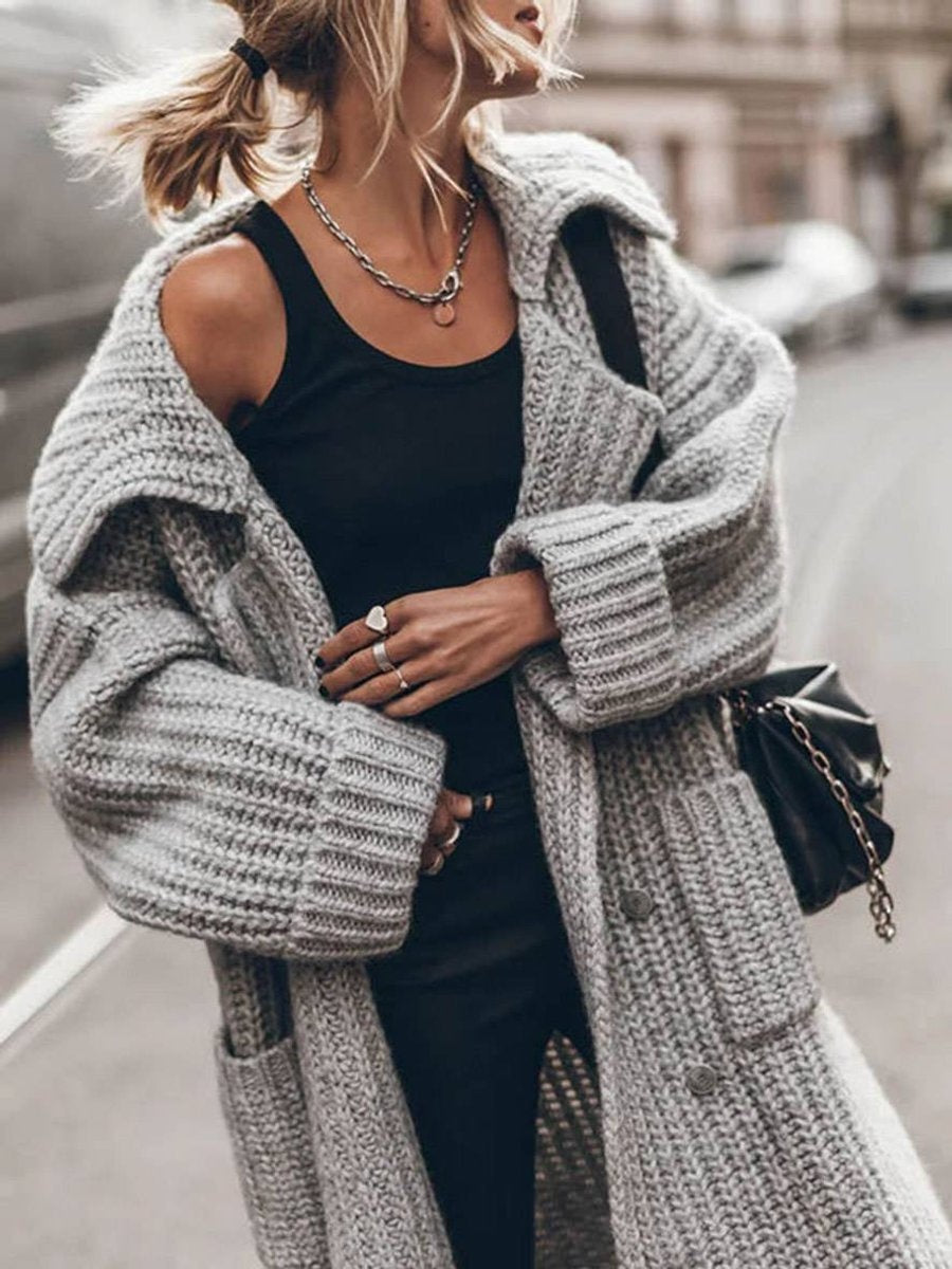 Elvira | Jersey de Punto Largo Oversized Mujer Cuello Solapa Bolsillos