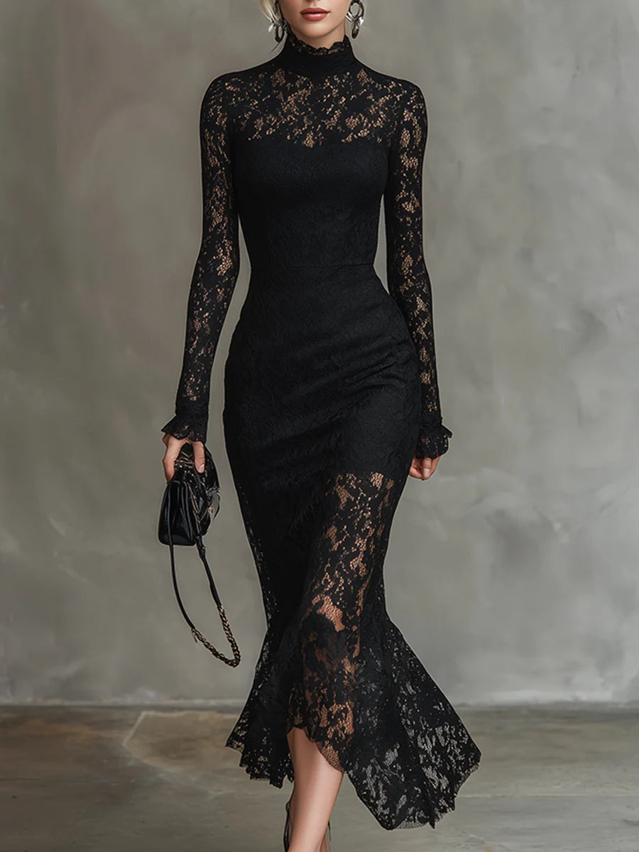 Elvira | Vestido de Encaje Manga Larga Invitada Invierno Mujer Cuello Alto