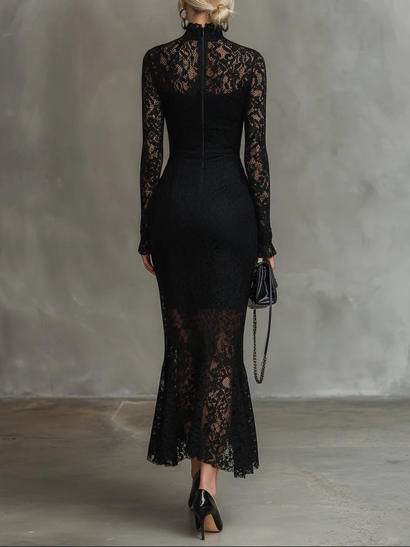 Elvira | Vestido de Encaje Manga Larga Invitada Invierno Mujer Cuello Alto