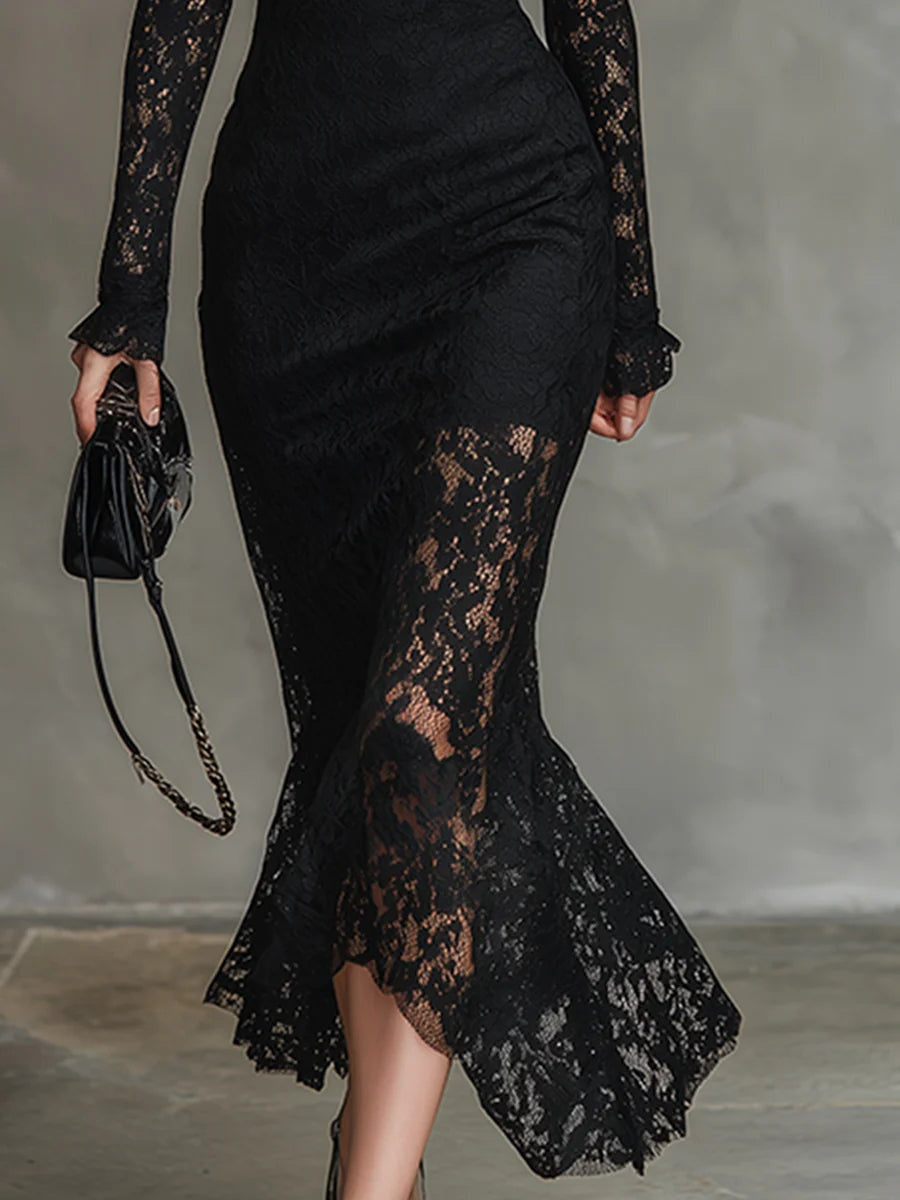 Elvira | Vestido de Encaje Manga Larga Invitada Invierno Mujer Cuello Alto
