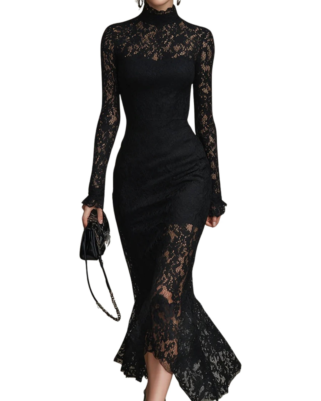 Elvira | Vestido de Encaje Manga Larga Invitada Invierno Mujer Cuello Alto