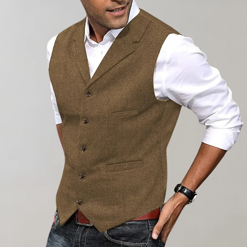 Emilio | Chaleco Tweed Hombre Espiga Botones Cuello Solapa