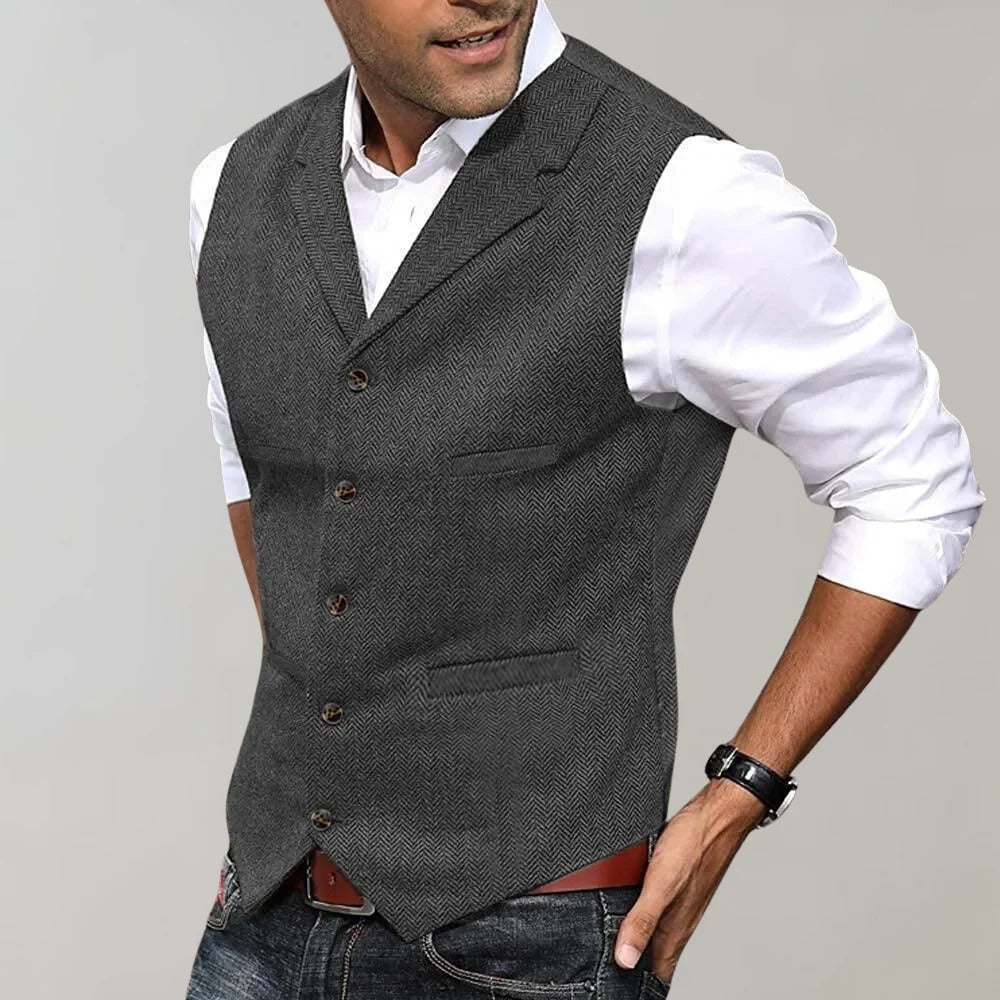 Emilio | Chaleco Tweed Hombre Espiga Botones Cuello Solapa