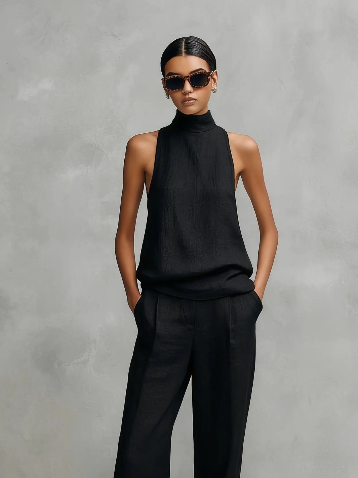 Encarnación | Conjunto Elegante de Algodón-Lino Cuello Alto Mujer Sin Mangas