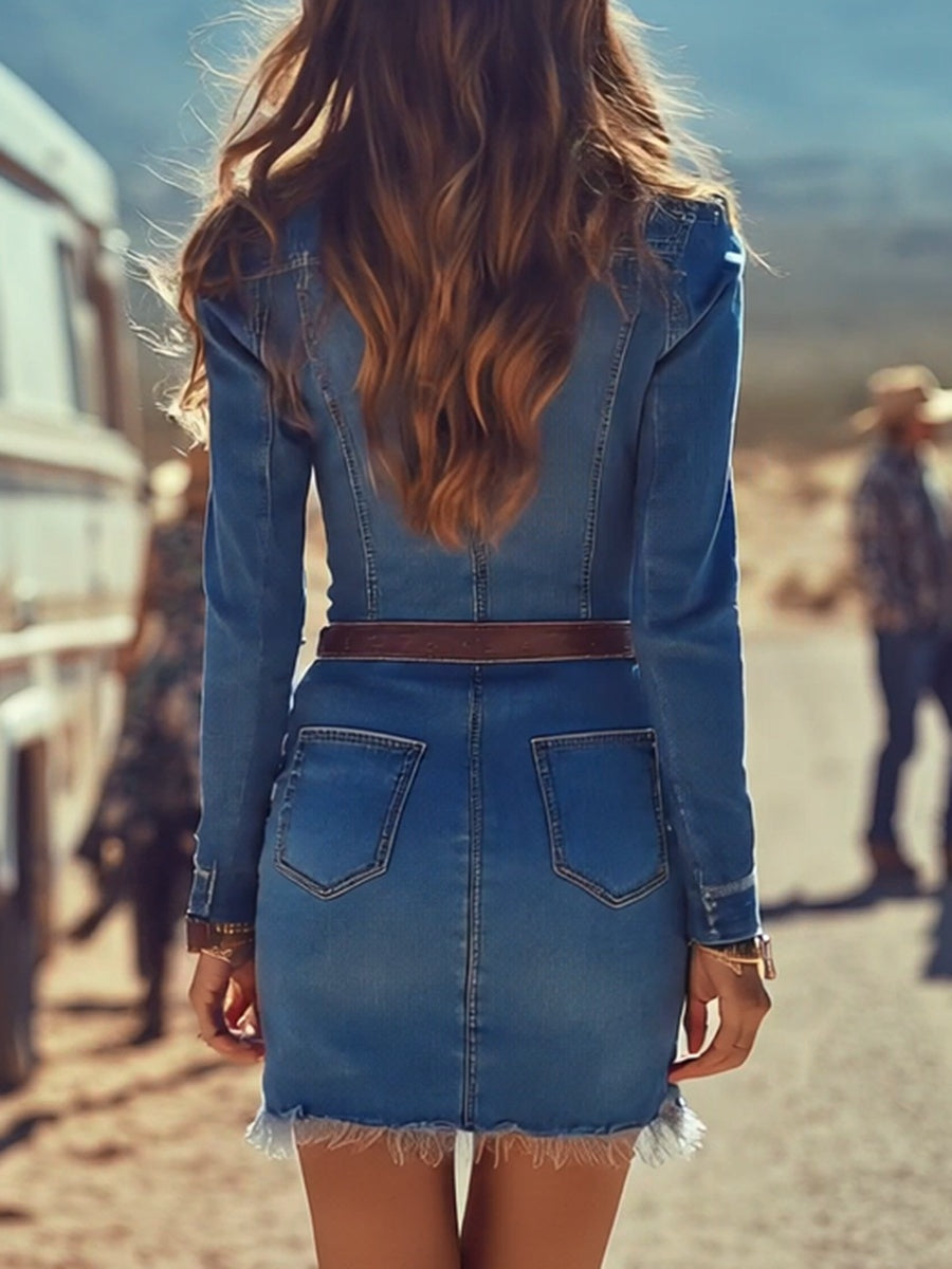 Esperanza | Vestido Corto Camisero Denim Mujer Manga Larga Cinturón