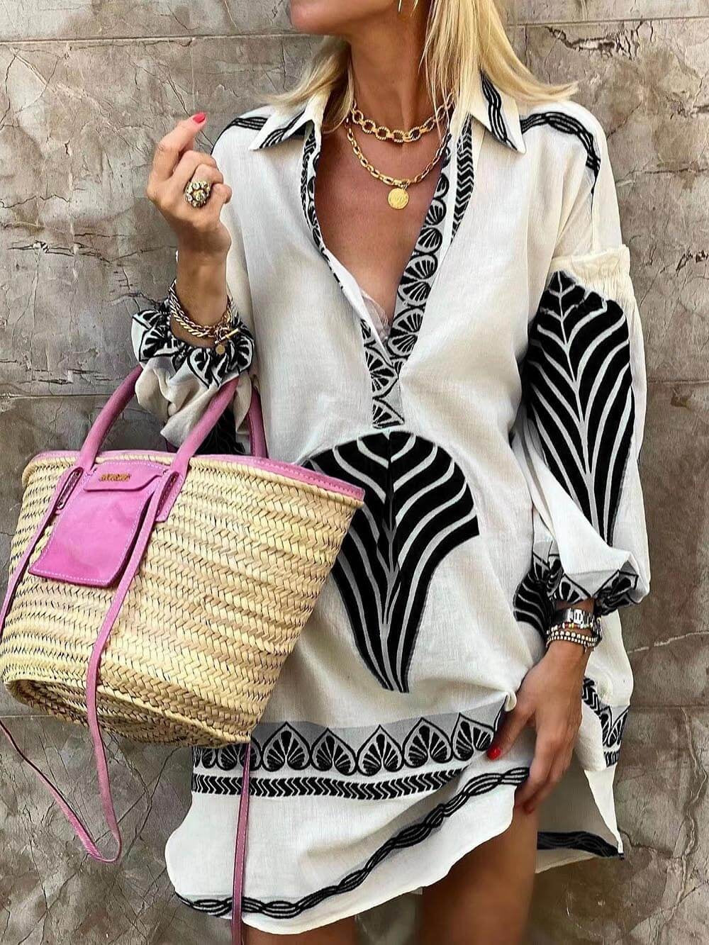 Esperanza | Vestido Corto de Manga Larga Estampado Boho Mujer Escote V