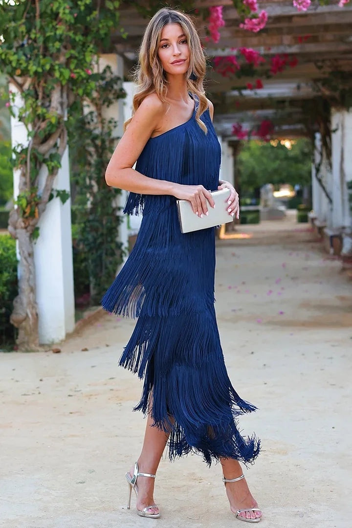 Esperanza | Vestido Largo Asimétrico de Un Hombro Mujer Flecos