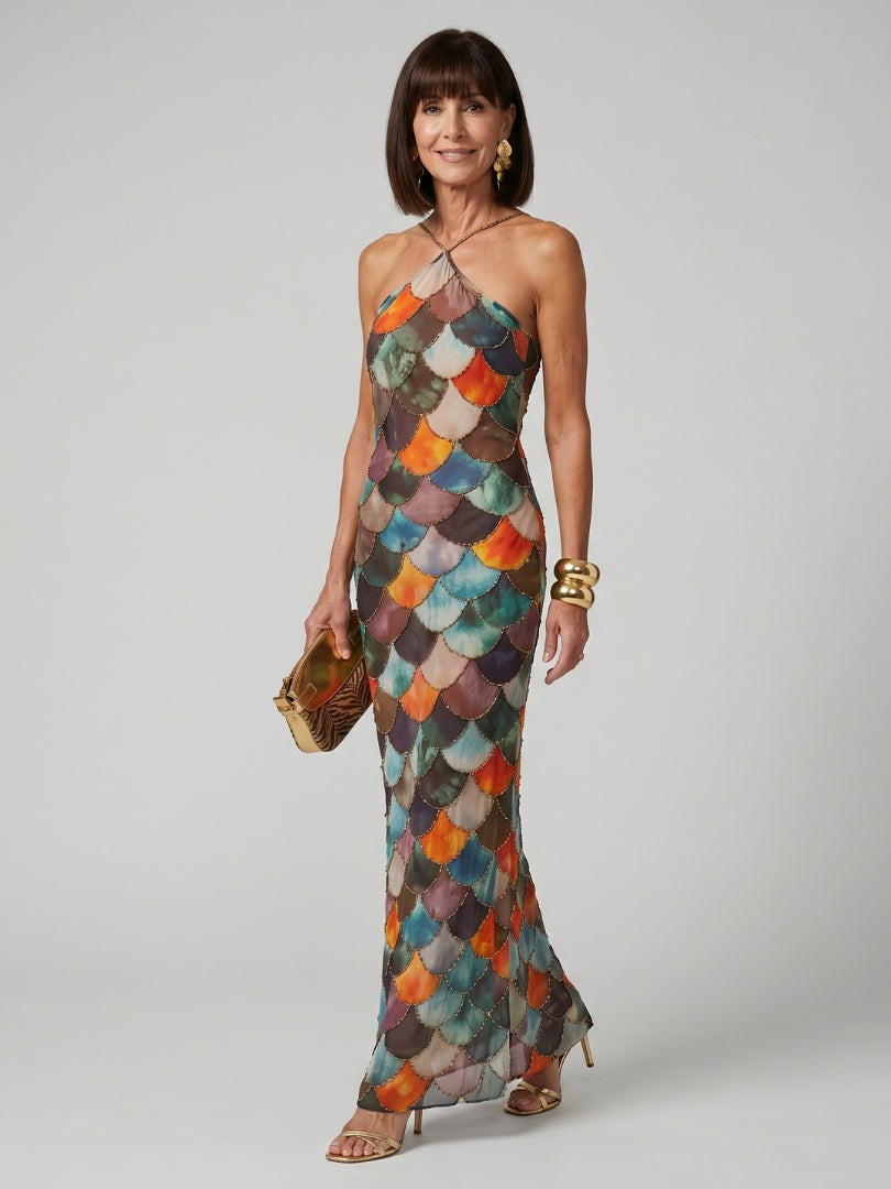 Esperanza | Vestido Largo Halter Estampado Escamas Mujer