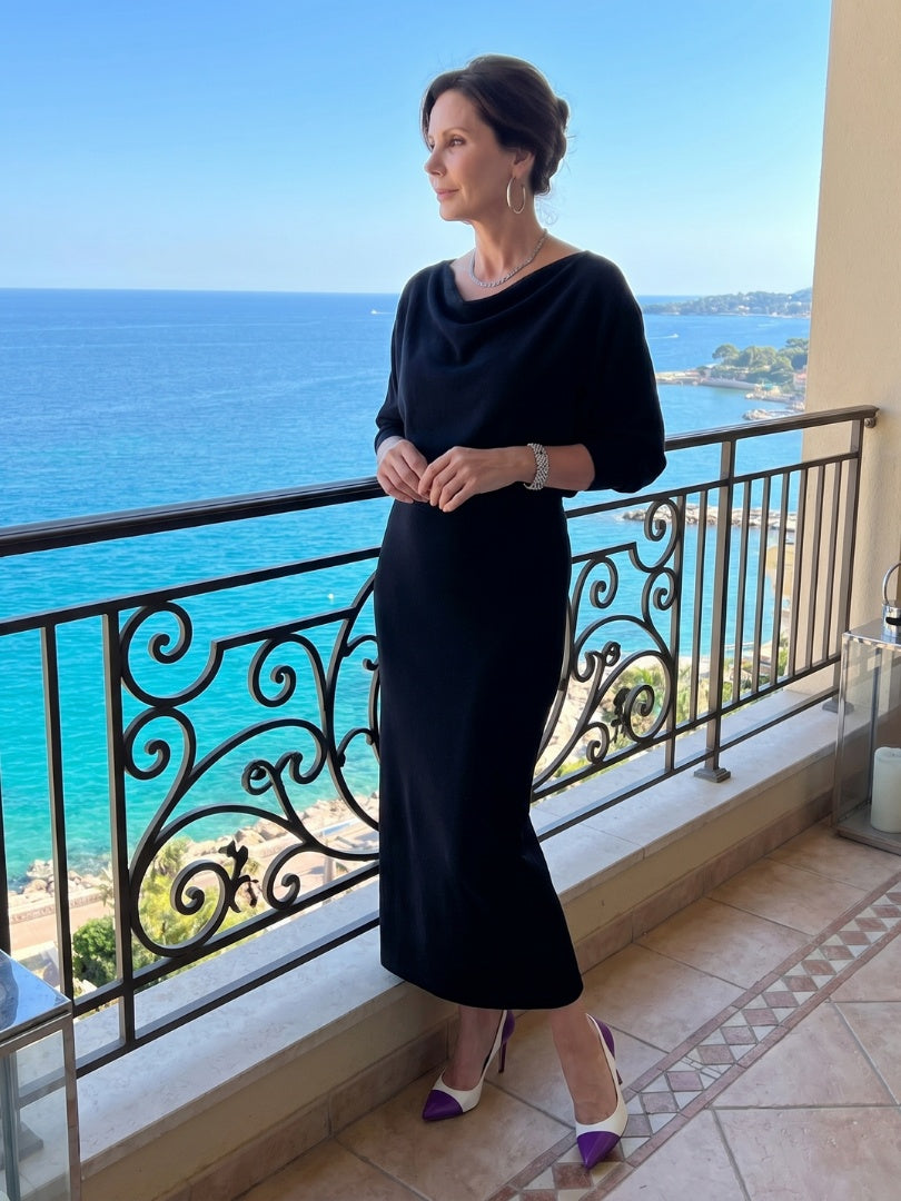 Esther | Vestido de Fiesta Midi de Punto Mujer Manga Larga Escote Drapeado