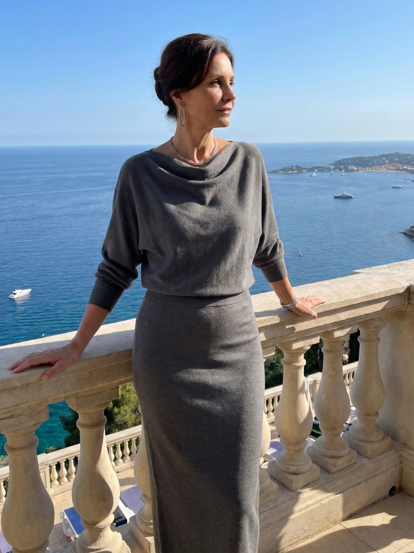 Esther | Vestido de Fiesta Midi de Punto Mujer Manga Larga Escote Drapeado