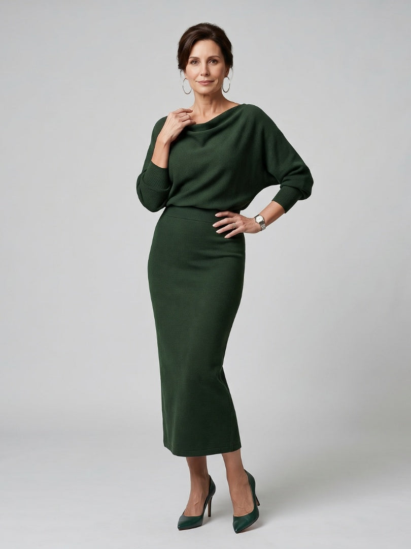 Esther | Vestido de Fiesta Midi de Punto Mujer Manga Larga Escote Drapeado