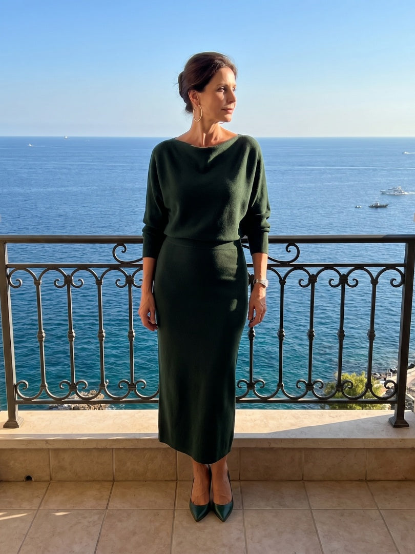 Esther | Vestido de Fiesta Midi de Punto Mujer Manga Larga Escote Drapeado