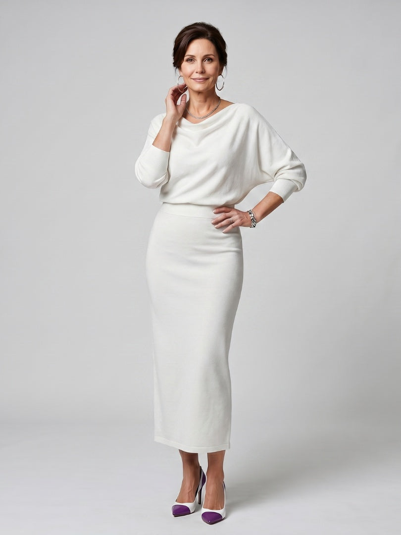 Esther | Vestido de Fiesta Midi de Punto Mujer Manga Larga Escote Drapeado