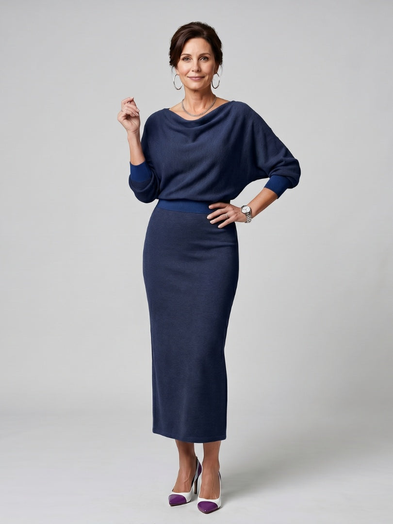 Esther | Vestido de Fiesta Midi de Punto Mujer Manga Larga Escote Drapeado