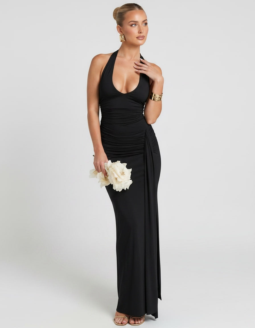 Estrella | Vestido Largo Halter Drapeado Mujer Abertura Lateral