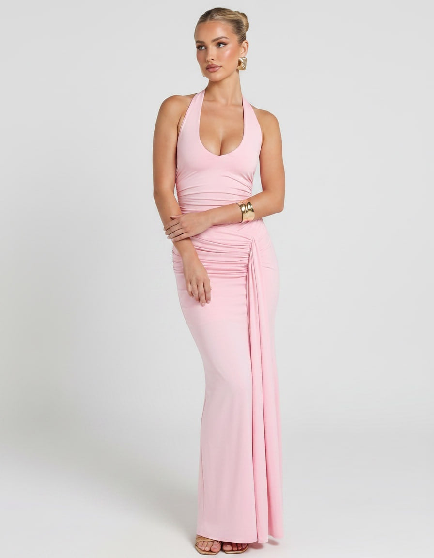 Estrella | Vestido Largo Halter Drapeado Mujer Abertura Lateral