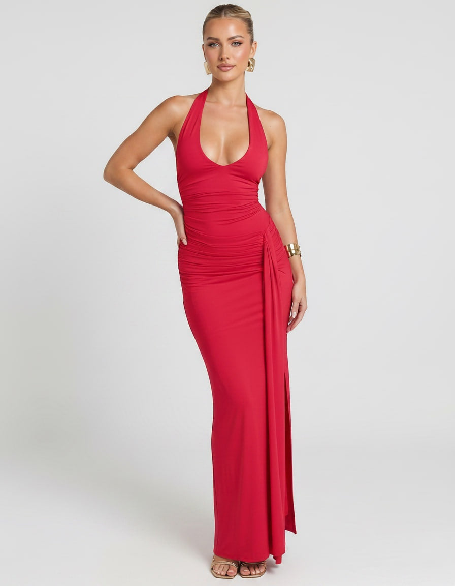 Estrella | Vestido Largo Halter Drapeado Mujer Abertura Lateral