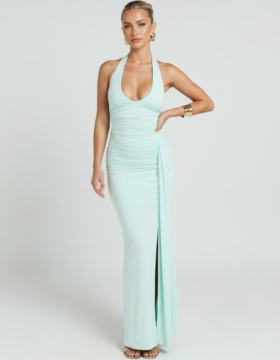 Estrella | Vestido Largo Halter Drapeado Mujer Abertura Lateral