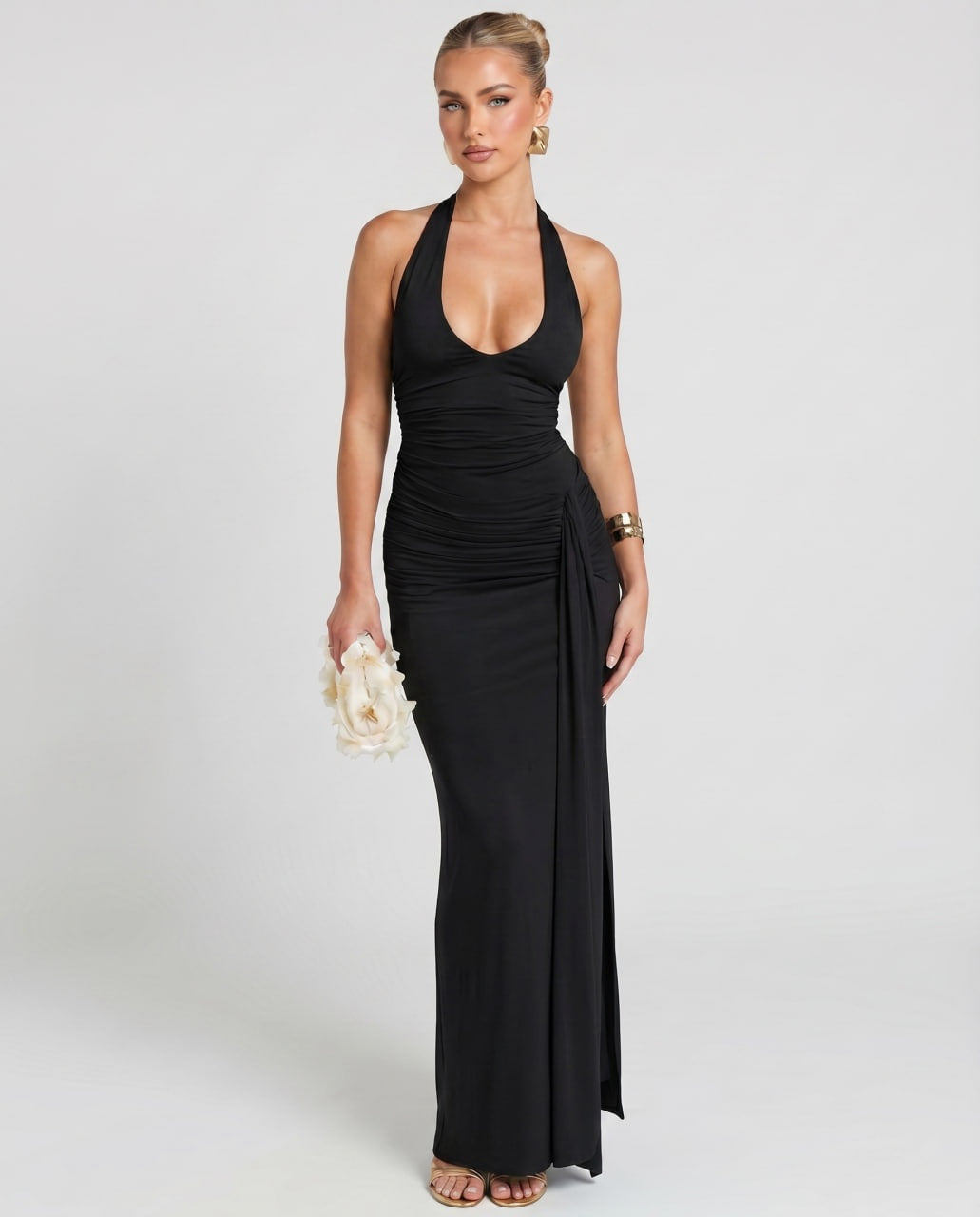 Estrella | Vestido Largo Halter Drapeado Mujer Abertura Lateral