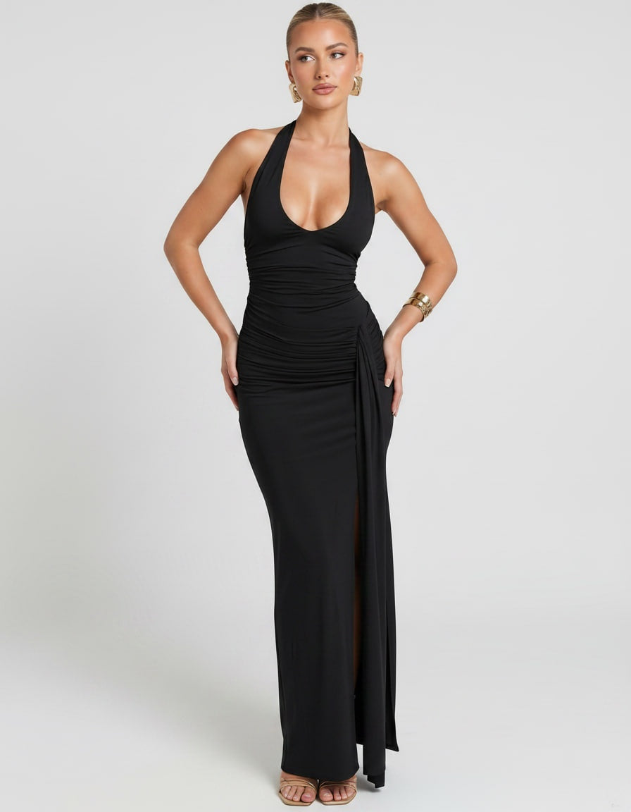 Estrella | Vestido Largo Halter Drapeado Mujer Abertura Lateral