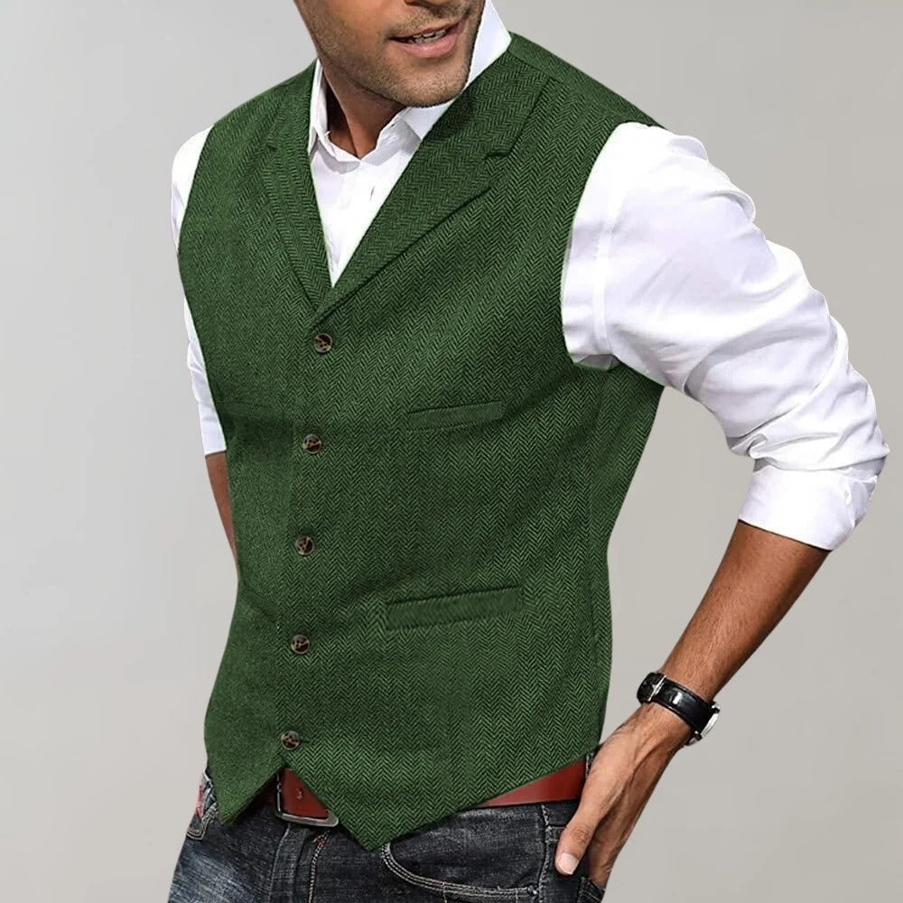Fernando | Chaleco de Tweed Espiga Hombre Cuello Solapa Botones