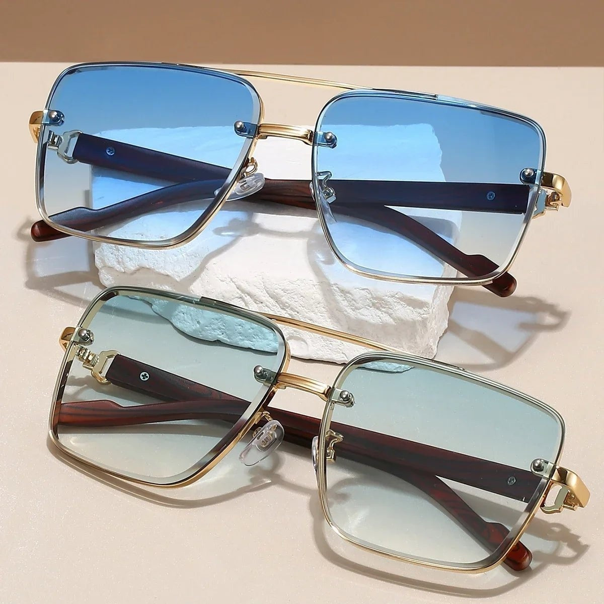 Gafas de Sol Aviador Hombre Montura Metálica Patillas Efecto Madera