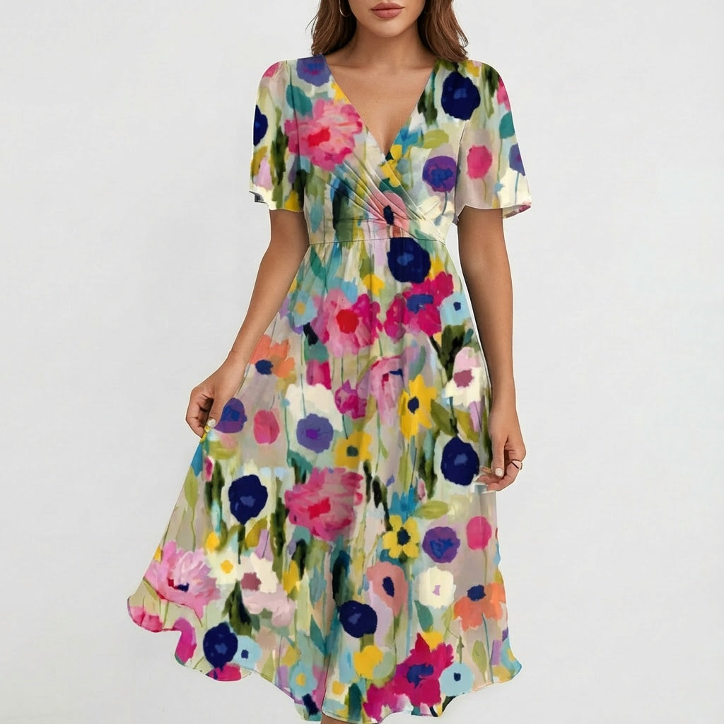 Gema | Vestido Midi Floral Mujer Escote V Cruzado Manga Corta