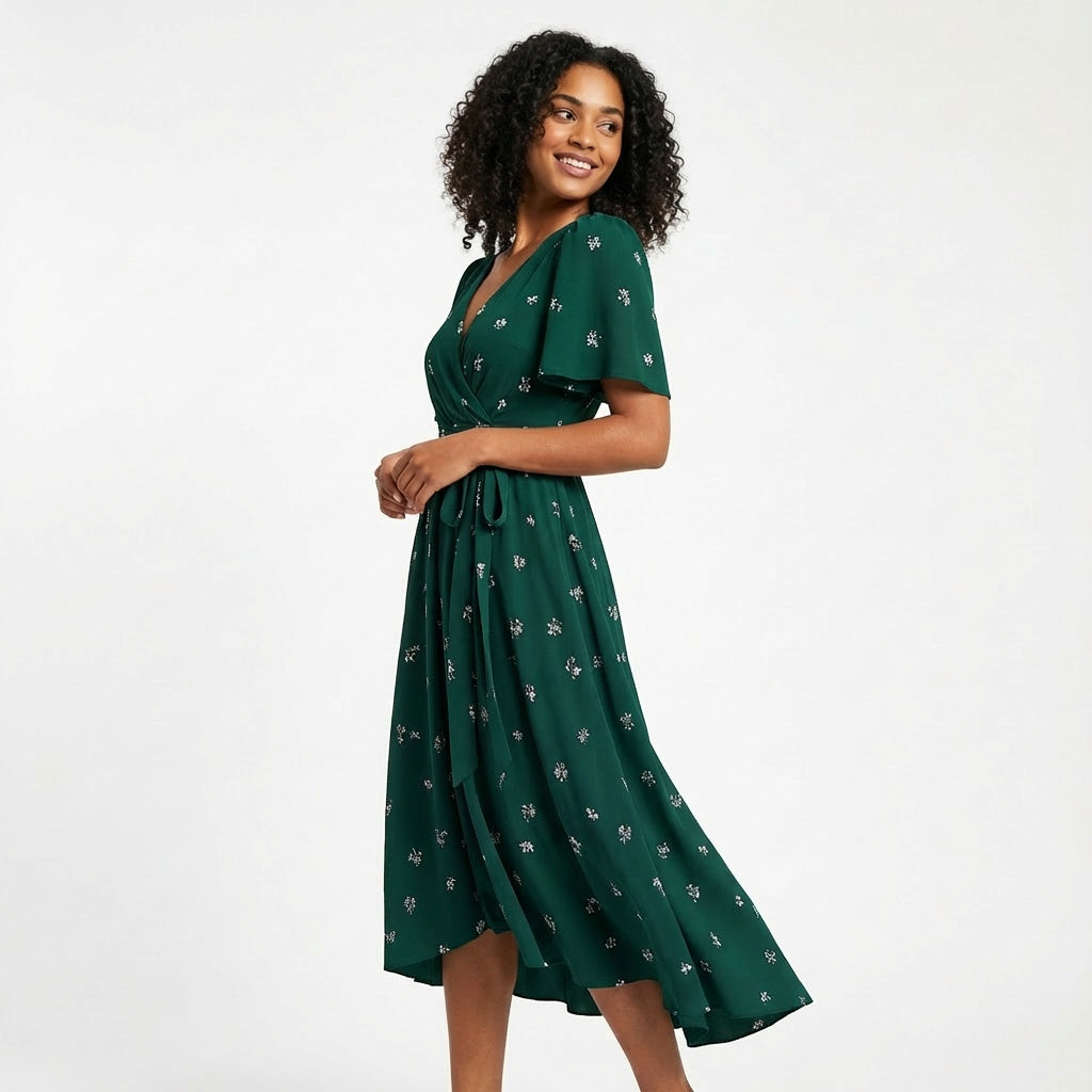 Gema | Vestido Midi Floral Mujer Escote V Cruzado Manga Corta