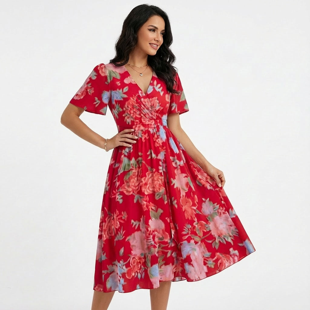 Gema | Vestido Midi Floral Mujer Escote V Cruzado Manga Corta