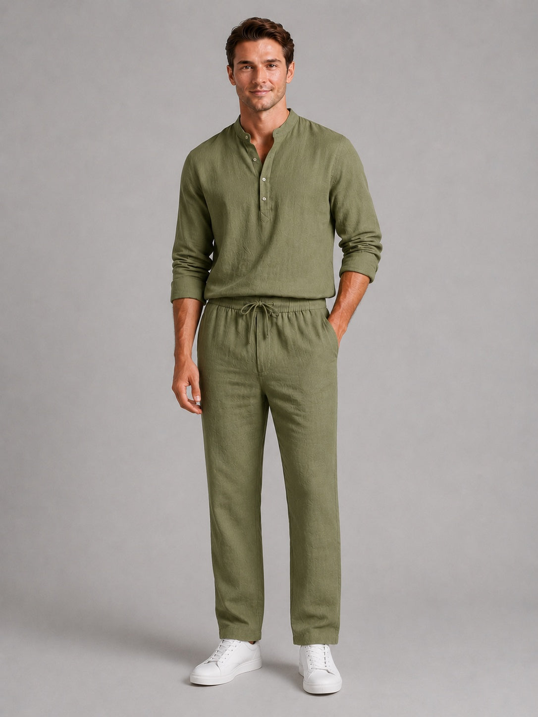 Gonzalo | Conjunto de Lino Hombre Camisa Cuello Mao Pantalón Jogger