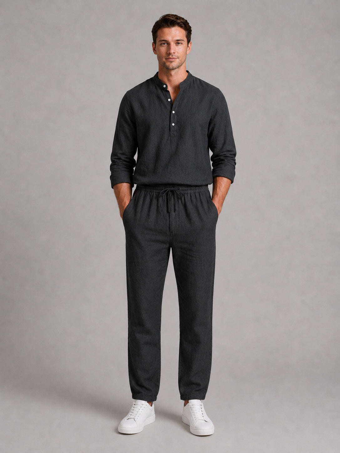 Gonzalo | Conjunto de Lino Hombre Camisa Cuello Mao Pantalón Jogger