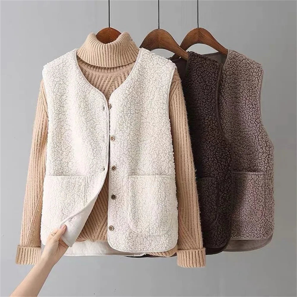 Inés | Chaleco de Borreguito Mujer Cuello V Botones