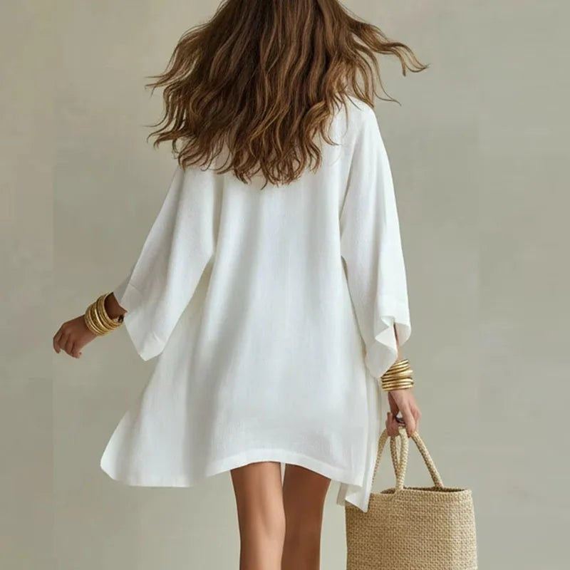 Inés | Conjunto de 3 Piezas de Lino Mujer Top Escote V Shorts y Kimono