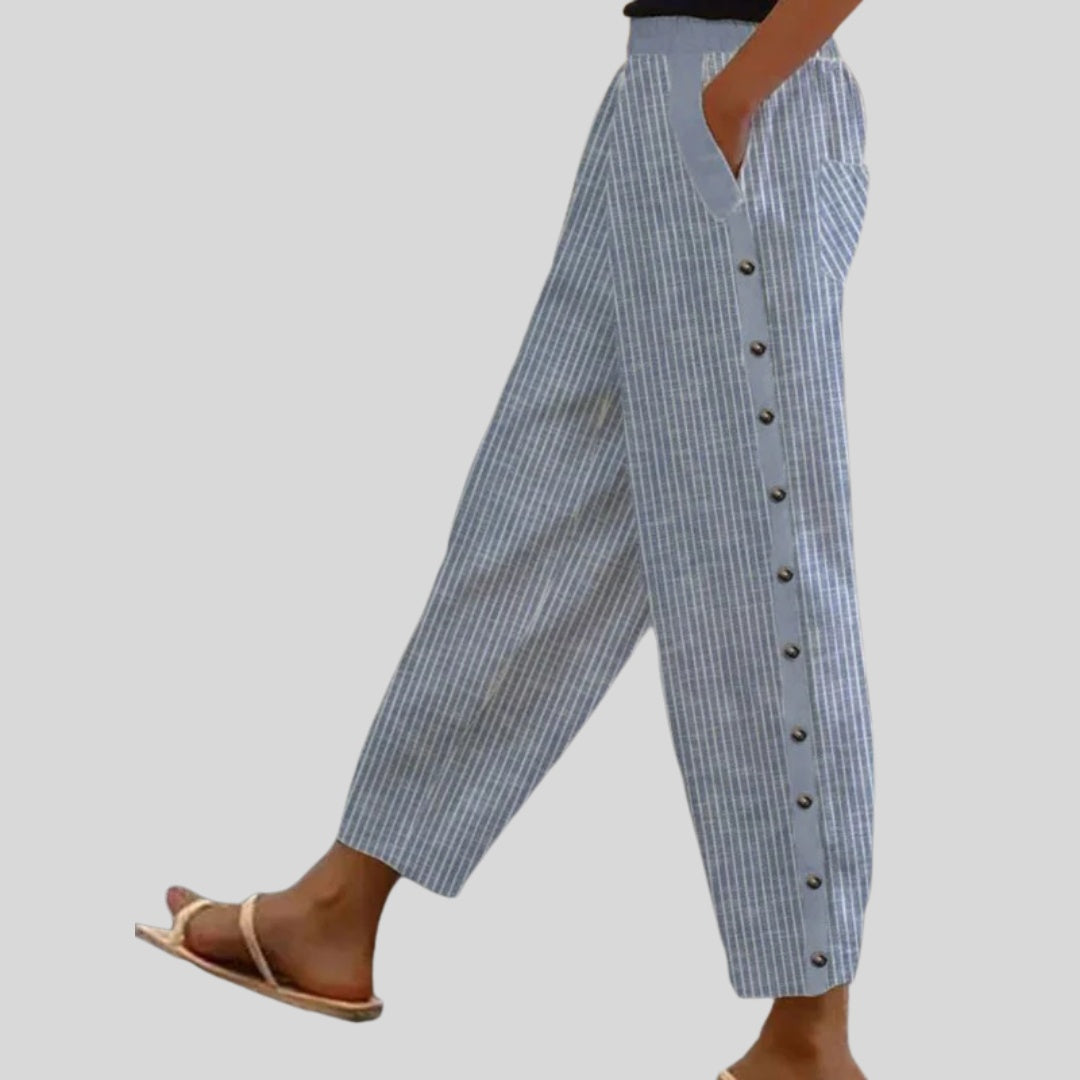 Inés | Pantalón con Botones Rayado Mujer Cintura Elástica