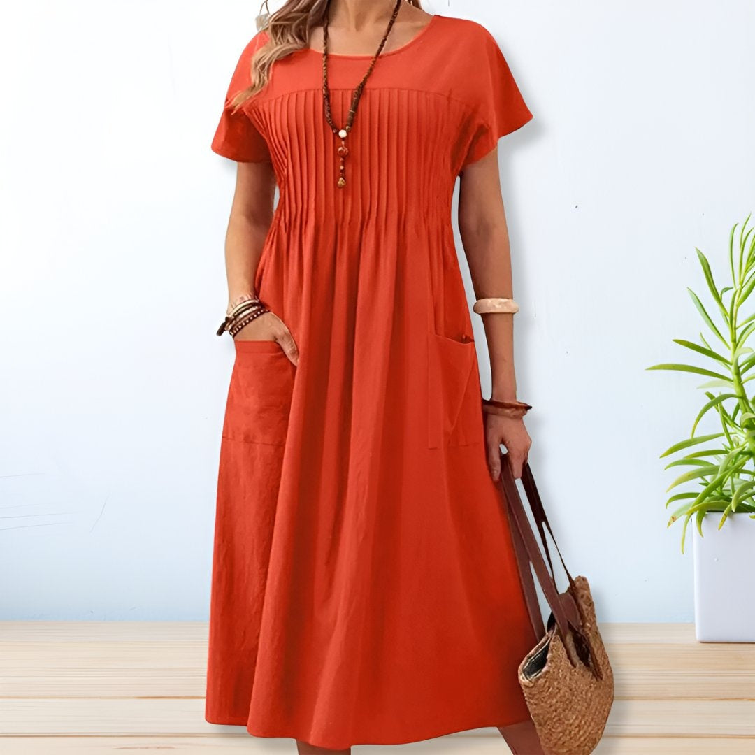 Inés | Vestido Midi con Pliegues Mujer Manga Corta Bolsillos
