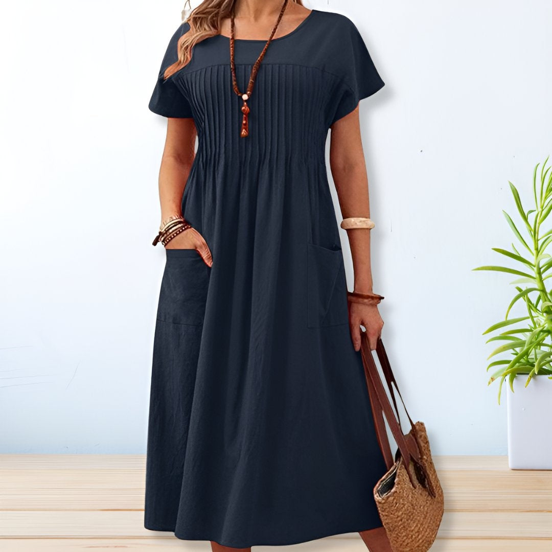 Inés | Vestido Midi con Pliegues Mujer Manga Corta Bolsillos